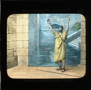 The blind man of Siloam receives his sight, a magic lantern slide illustrating a story in the Gospel of St John in the New Testament.